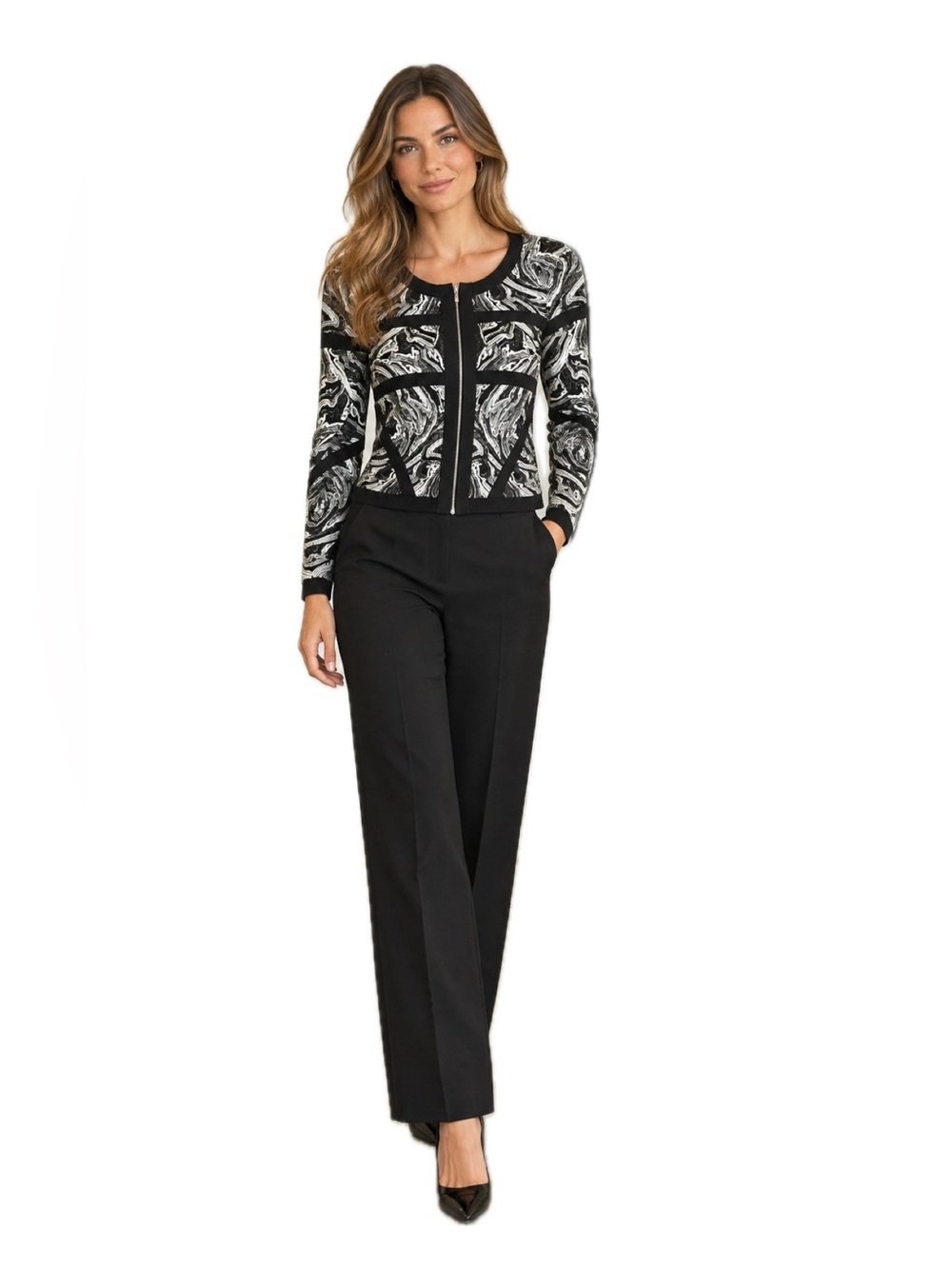 Robert Rodriguez Abstract Swirl Knit Zip Jacket Black White Structured Small